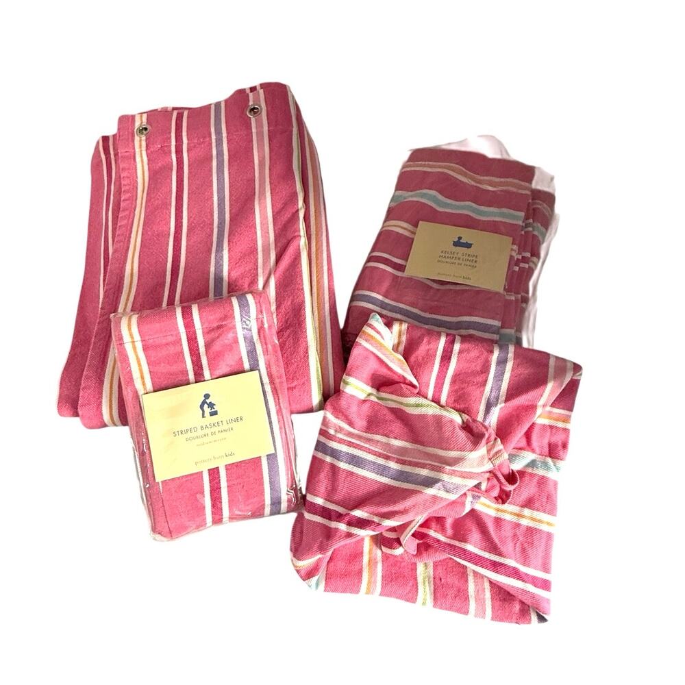 Pottery Barn Kids pink stripe bundle 1 hamper liner, 1 curtain, 2 basket liners